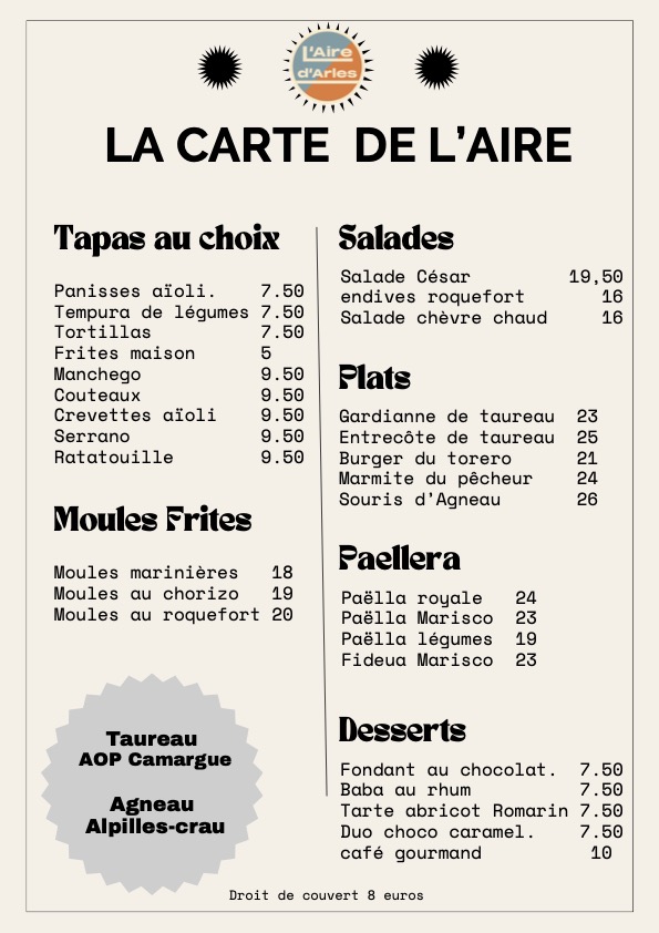 La Carte de L'Aire d'Arles — Été 2026